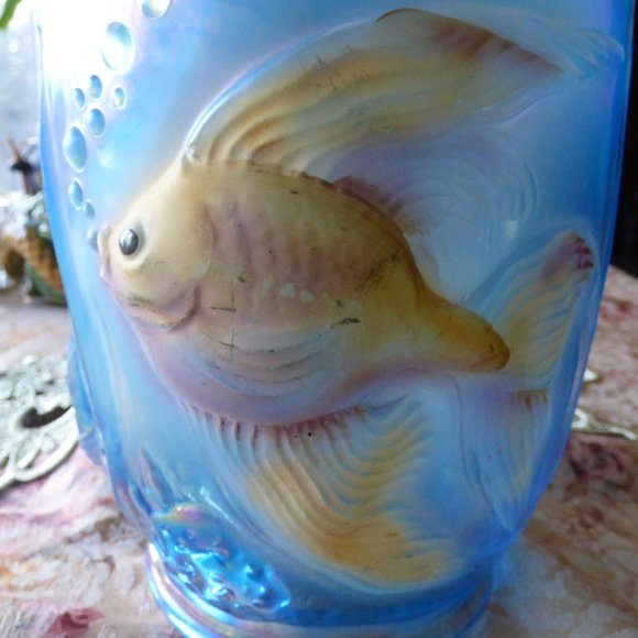 FENTON BLUE OPALESCENT SCALLOPED RIM FISH BOWL VASE PLANTER HANDPAINTED SIGNED - Picture 10 of 14